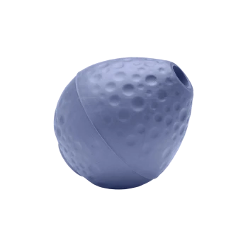 Ein blauer Gummispielzeug für Haustiere in Eiform, mit einer strukturierten Oberfläche und kleinen Erhebungen für besseren Halt und Spiel.