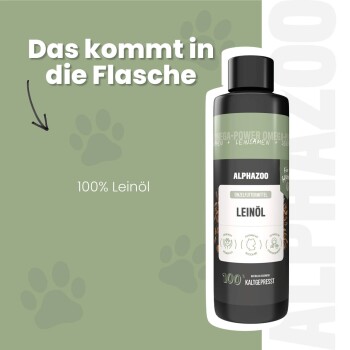 Eine Flasche ALPHAZOO Leinsamenöl für Haustiere, beschriftet mit "Leinöl", das Haut- und Fellvorteile fördert, kaltgepresst, für alle Rassen.