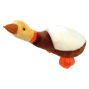 Plüschspielzeug-Ente mit gelbem Kopf, braunem Körper und orangefarbenen Füßen, entworfen für Haustiere zum Spielen.