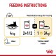 Feeding instructions for a 4 kg cat, showing options for 2.5 cans or 1 can plus 34g of Royal Canin Indoor food, with a water icon.