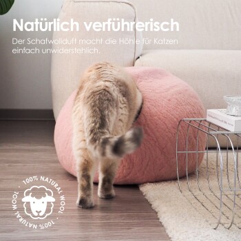 Eine dreifarbige Katze schaut aus einer gemütlichen grauen Filzhaustierhöhle mit einem Etikett, das "LUCY BALL" beschriftet ist. Weiche Texturen und warmes Licht schaffen eine gemütliche Atmosphäre.