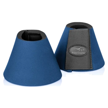 Paar blaue Neopren-Hufglocken für Pferde mit schwarzem Innenfutter und Klettverschluss, mit 'EQUINATE'-Logo