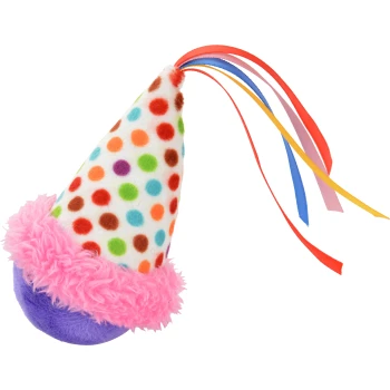 Colorful plush party hat toy for pets, featuring polka dots, a fluffy pink brim, and colorful ribbons hanging from the top.