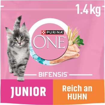 Purina ONE Junior Katzenfutterbeutel, 1,4 kg, mit einem grauen Kätzchen, mit dem Text "Bifensis" und "Reich an Huhn" auf einem rosa Hintergrund.