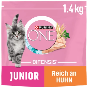 Purina ONE Junior Katzenfutterbeutel, 1,4 kg, mit einem grauen Kätzchen, mit dem Text "Bifensis" und "Reich an Huhn" auf einem rosa Hintergrund.