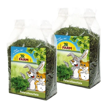 Deux sacs transparents de JR FARM Petersilienstiele, remplis de tiges de persil vert, présentant un lapin et un hamster de dessin animé sur l'étiquette.