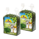 Zwei transparente Beutel mit JR FARM Petersilienstiele, gefüllt mit grünen Petersilienstielen, mit einem Cartoon-Hasen und Hamster auf dem Etikett.