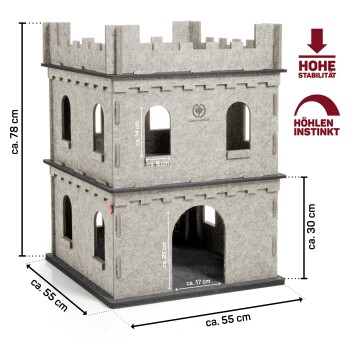 Eine graue Filz-Katzenburg mit zwei Ebenen, Fenstern, Bögen und beschrifteten Abmessungen, die Stabilität und Instinkt betont.