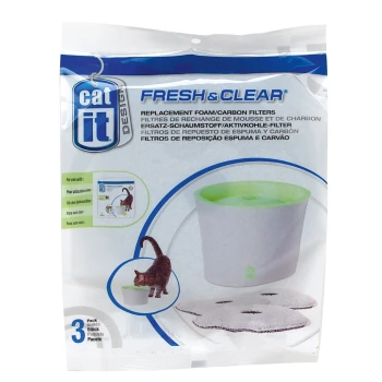 Wymienne filtry piankowe i węglowe do fontann dla kotów, z ilustracją kota i napisem 'FRESH & CLEAR.'