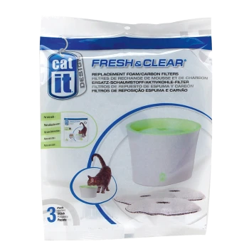Replacement foam and carbon filters for cat water fountains, featuring a cat illustration and the text "FRESH & CLEAR."
