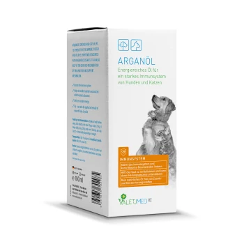 Arganölverpackung für Hunde und Katzen, mit einer Illustration von Hund und Katze, mit Text, der die Unterstützung des Immunsystems und Vorteile hervorhebt.