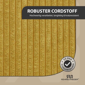 Senfgelbes Cordstoff-Muster mit Banner 'ROBUSTER CORDSTOFF', Siegel '35.000 SCHEUERTOUREN' und Rohrschneider-Logo.
