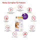 Verpackung von Relax Complex für Katzen mit einer entspannten Katze, die Vorteile wie hohe Schmackhaftigkeit, getreidefrei und von Tierärzten entwickelt hervorhebt.