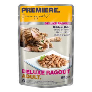 Katzenfutterbeutel mit der Aufschrift "PREMIERE. Ich liebe meine Katze" mit einer getigerten Katze und Hühnerstücken in Soße. Text: "DELUXE RAGOUT ADULT, Reich an Huhn."