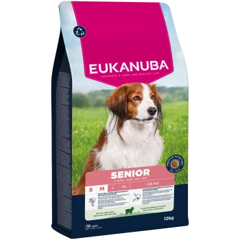Eukanuba Senior Hundefutterbeutel für Hunde unter 25 kg, reich an Lamm und Reis, 12 kg, Premium-Ernährung seit 1969.
