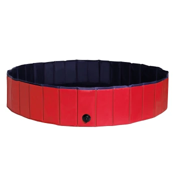 Roter und marineblauer Haustierspielbereich, kreisförmige Form mit einem schwarzen Ventil, entworfen für den Innen- oder Außenbereich.