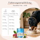 Dosenfutter für Haustiere mit der Aufschrift "100% Geschmack", das Truthahn, Quinoa, Rote Beete und Fenchel enthält, mit Beschreibungen der Vorteile der Zutaten.