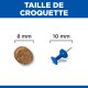 Comparaison de taille de croquettes montrant une croquette de 8 mm à côté d'une punaise bleue de 10 mm, avec le texte « TAILLE DE CROQUETTE ».