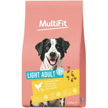 MultiFit dog food bag, pink, smiling black-and-white dog, label "LIGHT ADULT 1+", "Chicken with Rice", 2.5 kg