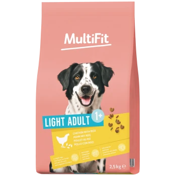 MultiFit Hundefutterbeutel, rosa, lächelnder schwarz-weißer Hund, Aufschrift 'LIGHT ADULT 1+', Huhn mit Reis, 2,5 kg.