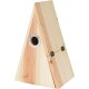 Holz-Vogelhaus in Dreiecksform mit einem runden Eingang und metallischer Verstärkung, ausgestattet mit einer klappbaren Tür für einfachen Zugang.