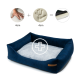 Marineblaues Haustierbett mit einem weichen grauen Zentrum, das ein Pluszeichen-Grafik und Symbole mit 4 cm Hand- und Pfotenabdrücken zeigt.