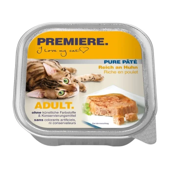 Pur Paté Adult Huhn 16x100 g Katzenfutterverpackung mit einer verspielten getigerten Katze, beschriftet mit 'Premiere. Ich liebe meine Katze' und den Texten 'Pure Pâté' und 'Reich an Huhn'.
