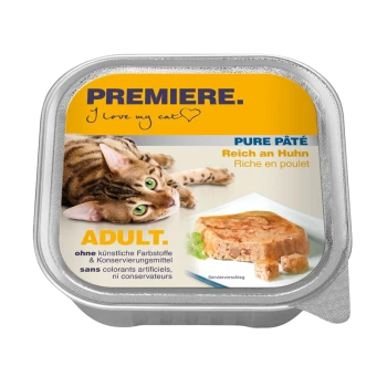 Katzenfutterverpackung mit einer verspielten getigerten Katze, beschriftet mit 'Premiere. Ich liebe meine Katze' und den Texten 'Pure Pâté' und 'Reich an Huhn'.