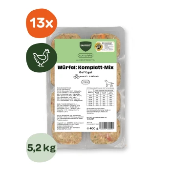 BARFER'S Würfel: Komplett-Mix Geflügel mini rohe Futterwürfel in Kunststoffschale mit Etikett, '13x'-Kennzeichnung und '5,2 kg'-Kreis.