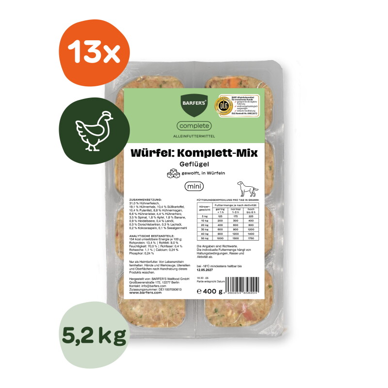 BARFER'S Würfel: Komplett-Mix Geflügel 13x400 g