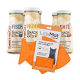 Katzensnacks und eine orangefarbene LickiMat. Drei "SmoothieCat"-Flaschen mit Fisch-, Huhn- und Entengeschmack für eine bereicherte Fütterung.