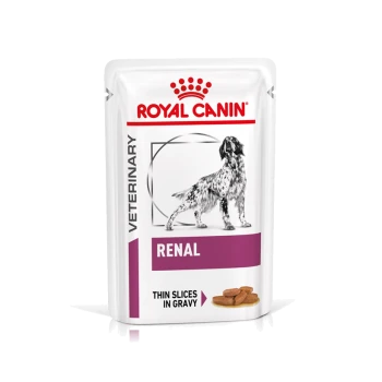 Royal Canin Veterinary Renal Hundefutterbeutel, mit einer Hundillustration, beschriftet mit 'Dünne Scheiben in Soße.'