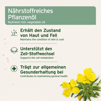 Etikett: 'Nährstoffreiches Pflanzenöl' mit Nutzen-Aufzählungen auf Deutsch und Englisch; gelbe Blumen