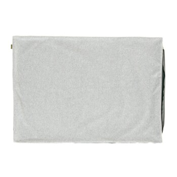 Graues Haustierbett mit weicher Textur, rechteckiger Form und einem versteckten Reißverschluss auf einer Seite.