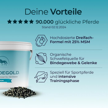 Futterergänzungsdose für Pferde mit Pellets, deutscher Text ‚Deine Vorteile‘ und ‚90.000 glückliche Pferde‘; Hinweis: 25 % MSM für die Gelenke.