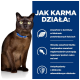 Brązowy kot z żółtymi oczami w niebieskiej obroży obok tekstu o L-karnitynie, białku, węglowodanach i przeciwutleniaczach w karmie dla kotów.