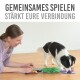 Eine Person spielt mit einem schwarz-weißen Hund auf einer bunten Matte. Der Text darüber sagt: "Gemeinsames Spielen stärkt eure Bindung."