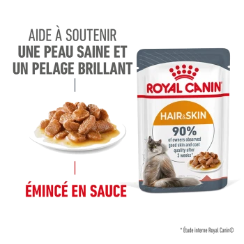 Emballage de nourriture pour chats Royal Canin Hair & Skin à côté d'une assiette de nourriture humide pour chats, avec un texte mettant en avant les bienfaits pour la santé de la peau et du pelage.
