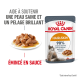 Emballage de nourriture pour chats Royal Canin Hair & Skin à côté d'une assiette de nourriture humide pour chats, avec un texte mettant en avant les bienfaits pour la santé de la peau et du pelage.