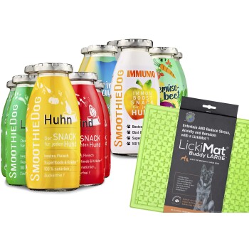 Bunte "SmoothieDog" Haustiersnackflaschen in Huhn- und Rindfleischgeschmack, mit einer grünen LickiMat Buddy LARGE zur Stressbewältigung bei Hunden.