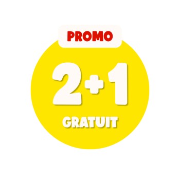 Badge promotionnel circulaire jaune de magasin pour animaux avec étiquette blanche « PROMO », grand « 2+1 » et le texte « GRATUIT ».