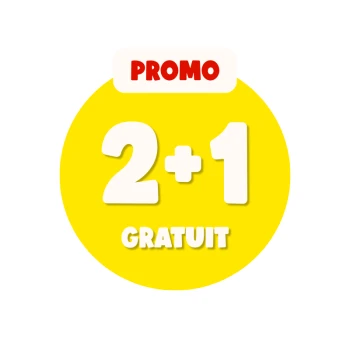 Pastille promotionnelle circulaire jaune avec texte blanc 'PROMO' et grand '2+1' et 'GRATUIT'