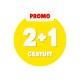 Badge promotionnel circulaire jaune de magasin pour animaux avec étiquette blanche « PROMO », grand « 2+1 » et le texte « GRATUIT ».