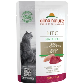 Almo Nature HFC Naturkatzenfutterbeutel mit Thunfisch und Huhn, mit einer Katzensilhouette und Text in mehreren Sprachen.