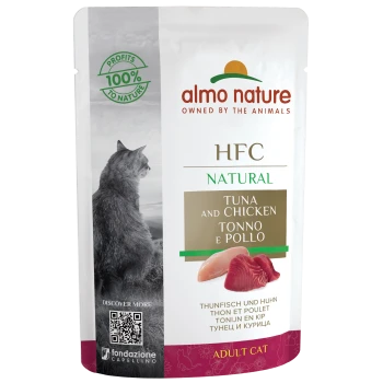 Almo Nature HFC Naturkatzenfutterbeutel mit Thunfisch und Huhn, mit einer Katzensilhouette und Text in mehreren Sprachen.