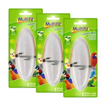 Trois paquets de cuttlebone MultiFit pour oiseaux, dotés d'un clip pour attache, avec des oiseaux colorés illustrés sur l'emballage.