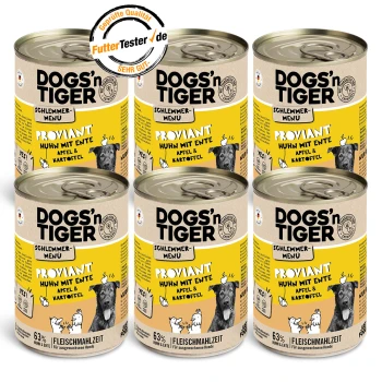 Proviant 6x400 g Sechs Dosen DOGS'n TIGER Hundefutter, beschriftet mit "PROVIANT Huhn mit Ente, Apfel & Kartoffel," mit einer Illustration eines schwarzen Hundes und einem Qualitätssiegel.