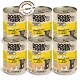 Sechs Dosen DOGS'n TIGER Hundefutter, beschriftet mit "PROVIANT Huhn mit Ente, Apfel & Kartoffel," mit einer Illustration eines schwarzen Hundes und einem Qualitätssiegel.