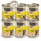 Sechs Dosen DOGS'n TIGER Hundefutter, beschriftet mit "PROVIANT Huhn mit Ente, Apfel & Kartoffel," mit einer Illustration eines schwarzen Hundes und einem Qualitätssiegel.