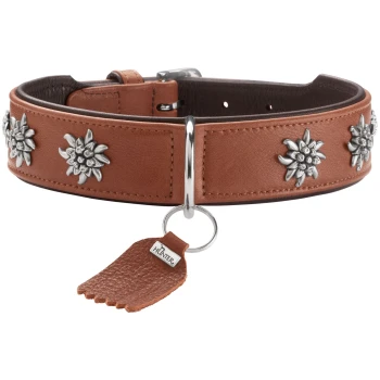 Braunes Lederhalsband mit silbernen Blumen-Nieten, O-Ring und hängendem Lederanhänger mit der Aufschrift "HUNTER".